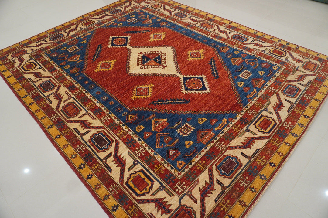 8x10 Serapi Red Blue Afghan Hand knotted Wool Oriental Rug - Yildiz Rugs