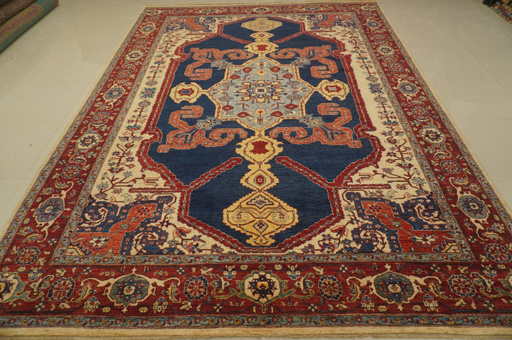 10x14 Serapi Navy Blue Red Hand knotted Wool Oriental Rug - Yildiz Rugs