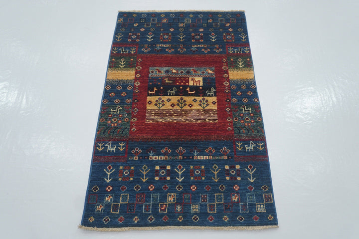 SOLD 2'7 x 4'0 ft Tribal Gabbeh Navy Blue Nomadic Hand knotted Rug