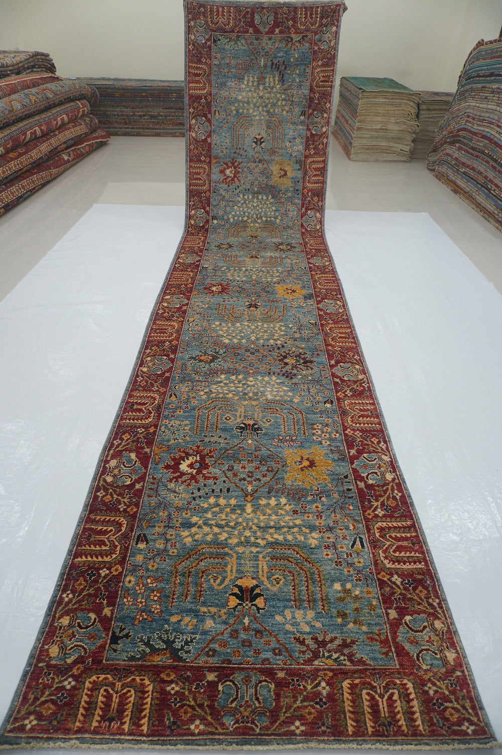 4'0 x 17'6 ft Bakhshaish Blue Tree Hand knotted Wide Long Runner Rug - Yildiz Rugs