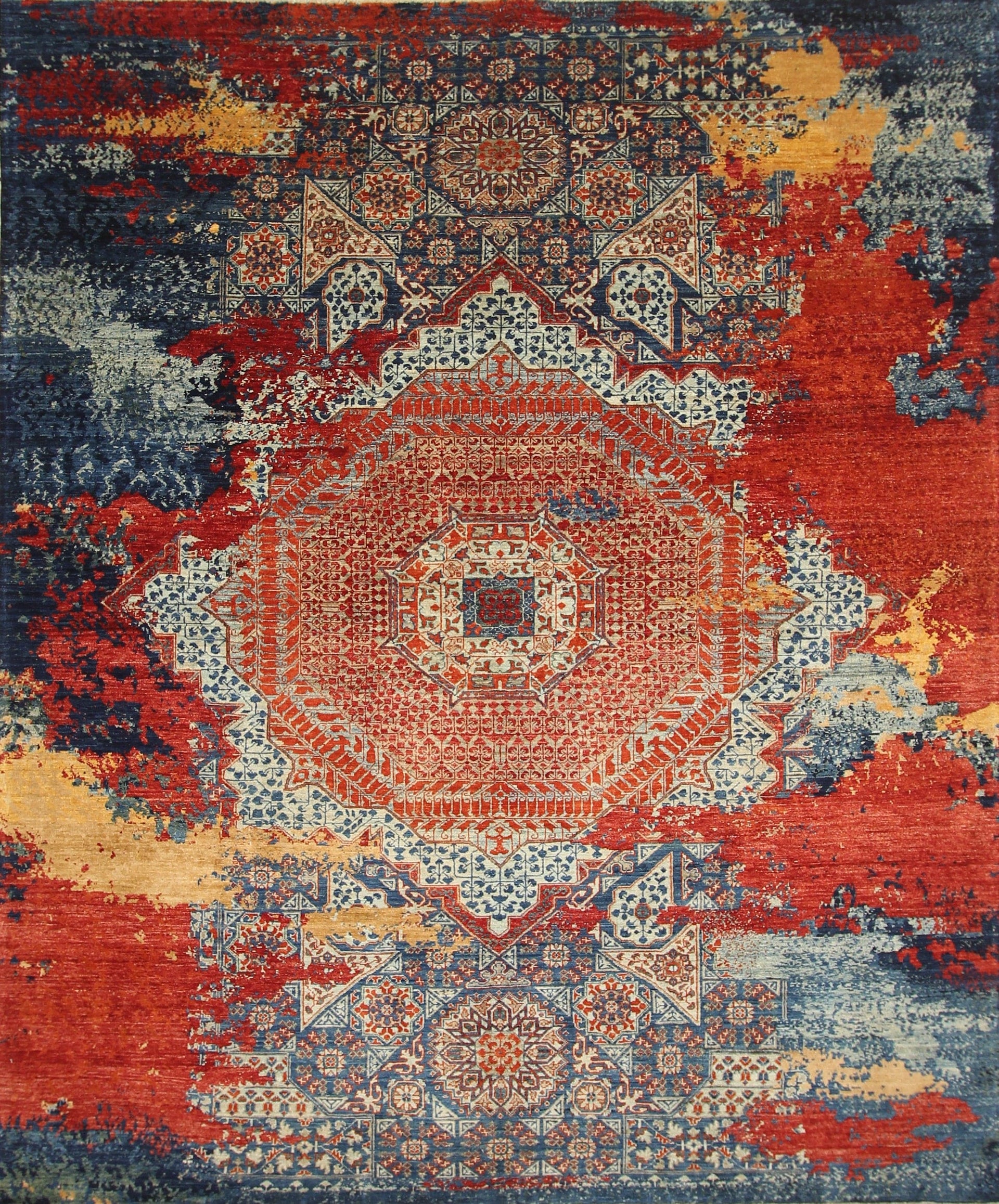 8x10 Mamluk Navy Blue Red Hand knotted Modern Medallion Rug - Yildiz Rugs