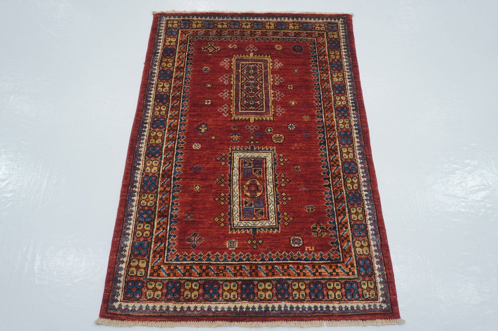 2'8 x 4'0 ft Red Tribal Afghan Hand knotted Rug - Yildiz Rugs