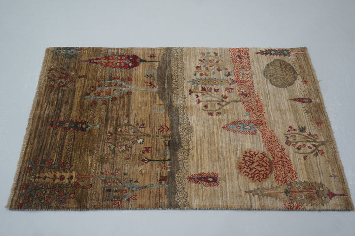 3x4 Tribal Gabbeh Beige Brown Gray Afghan Hand Knotted Landscape Rug - Yildiz Rugs