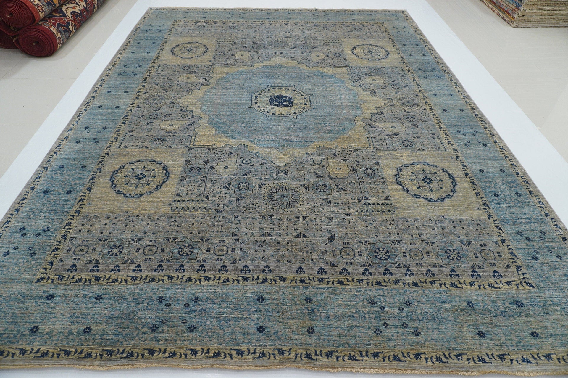 9x12 Mamluk Soft Gray Blue Hand knotted Medallion Turkish Rug - Yildiz Rugs