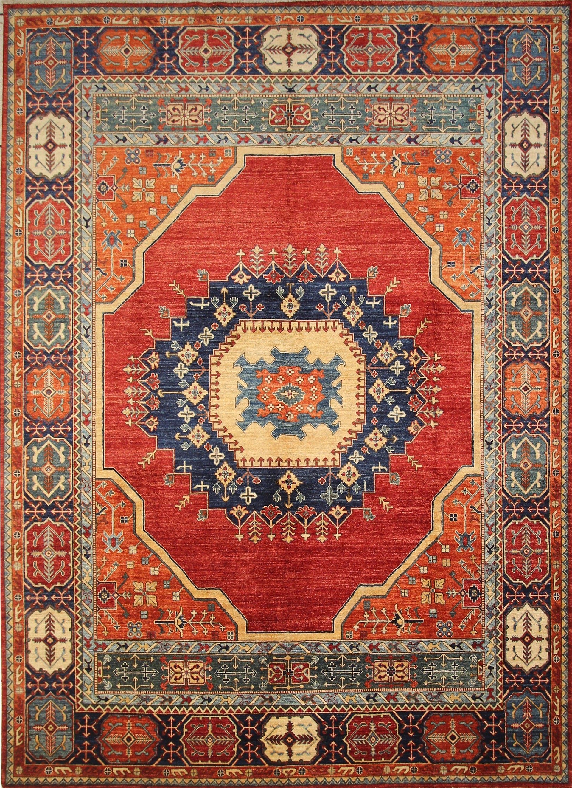 9x12 Red Orange Blue Heriz Persian Hand knotted Oriental Medallion Rug - Yildiz Rugs
