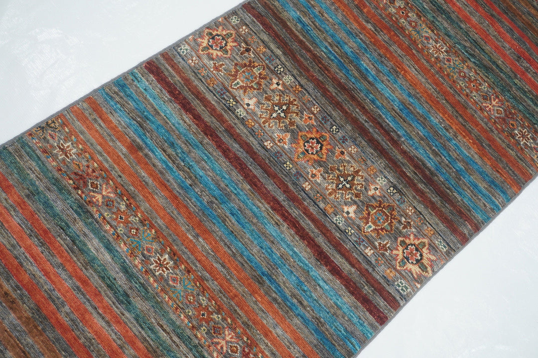 2'5 x 8'3 ft Striped Gray Tribal Afghan Hand knotted Boho Runner Rug - Yildiz Rugs