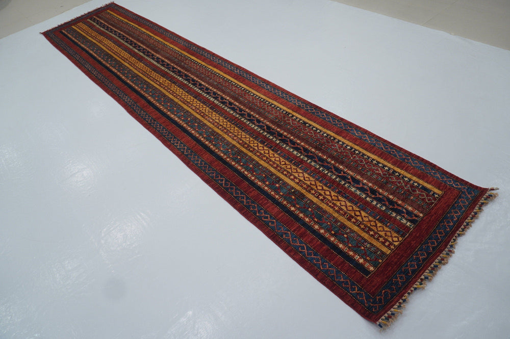 2'8x13'0 ft Red Turkish Shawl Striped Pattern Hand knotted Runner Rug - Yildiz Rugs