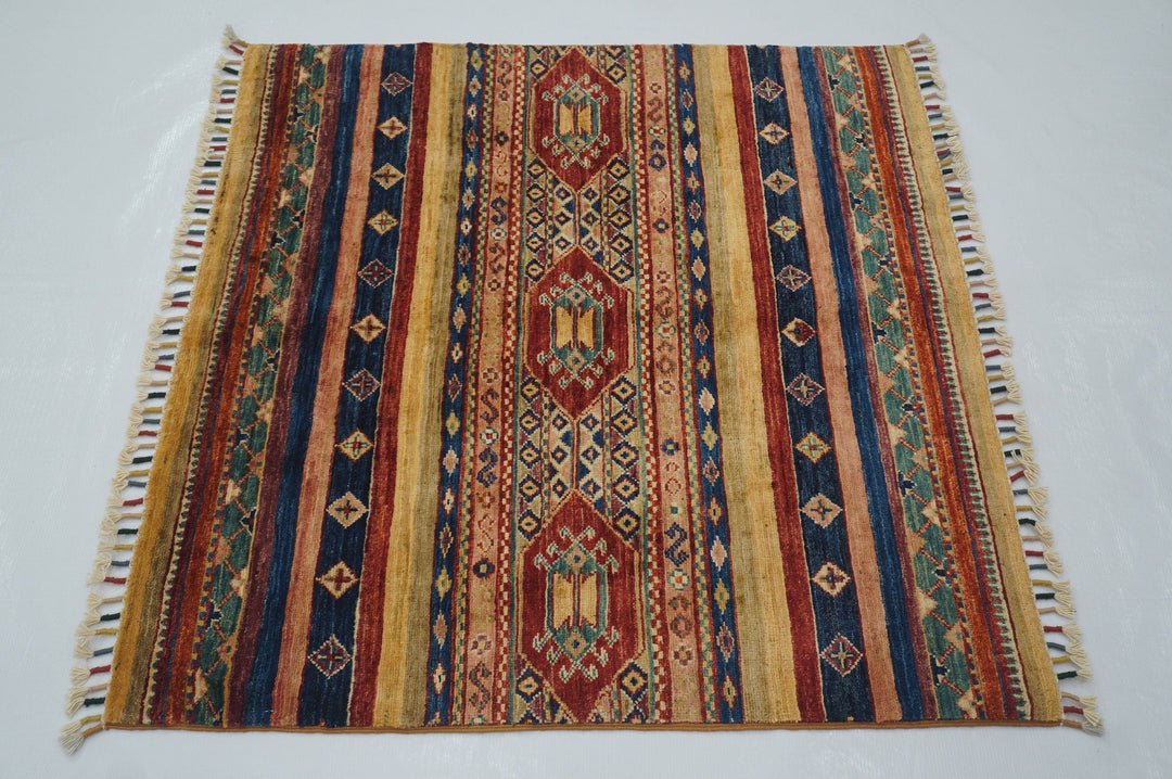 3x3 Tribal Square Multicolor Afghan Hand knotted Rug - Yildiz Rugs