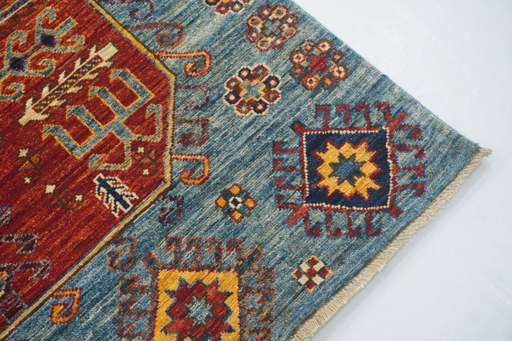 4x10 Blue Kazak Caucasian Afghan Hand knotted Wide Tribal Runner Rug