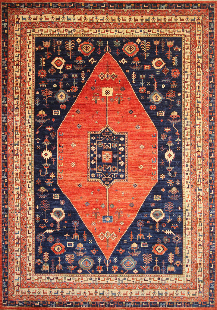 10x14 Tribal Gabbeh Red Navy Blue Nomad Qashqai Hand knotted Rug - Yildiz Rugs