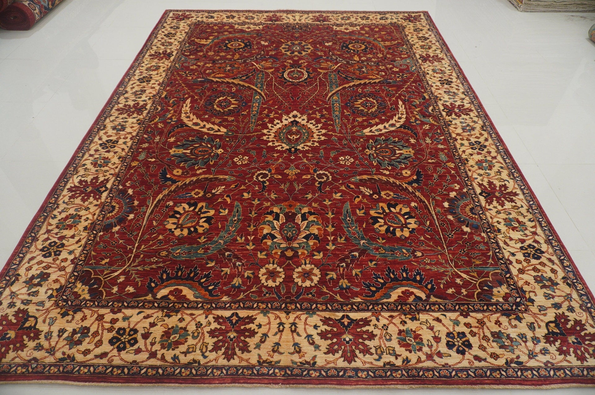 8'2x11'1 Red Sickle Leaf Hand knotted Oriental Rug - Yildiz Rugs