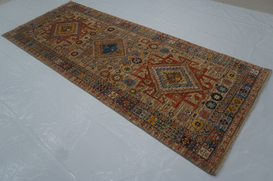 4x10 Kazak Taupe Gray Afghan Hand Wide Runner Rug - Yildiz Rugs