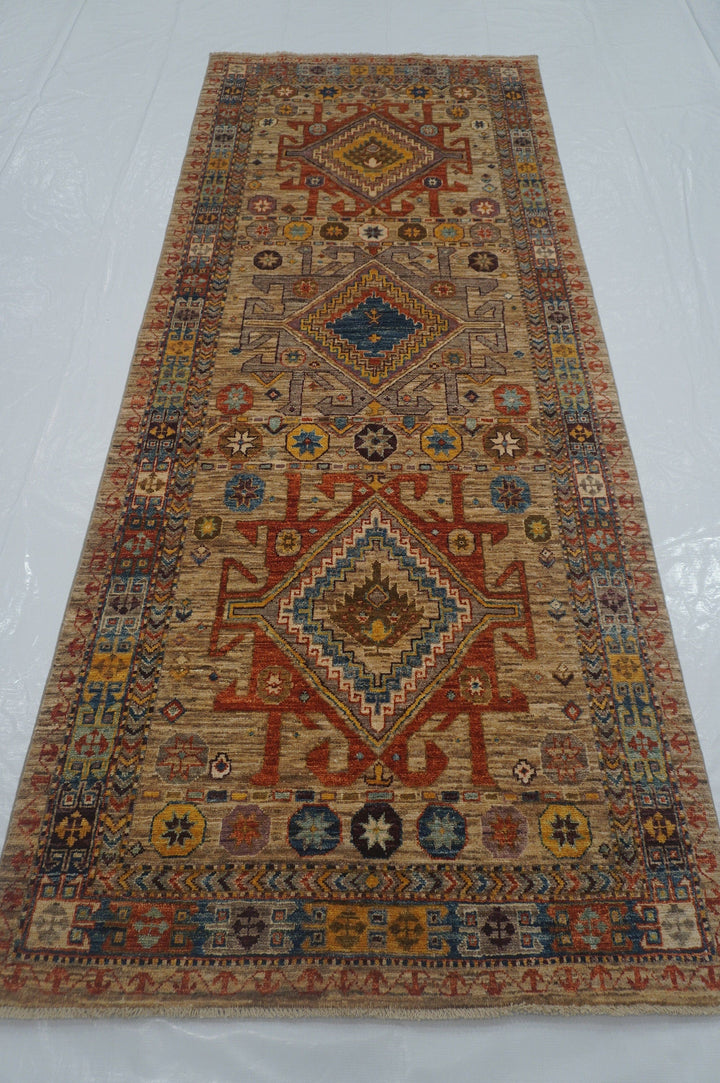 4x10 Kazak Taupe Gray Afghan Hand Wide Runner Rug - Yildiz Rugs