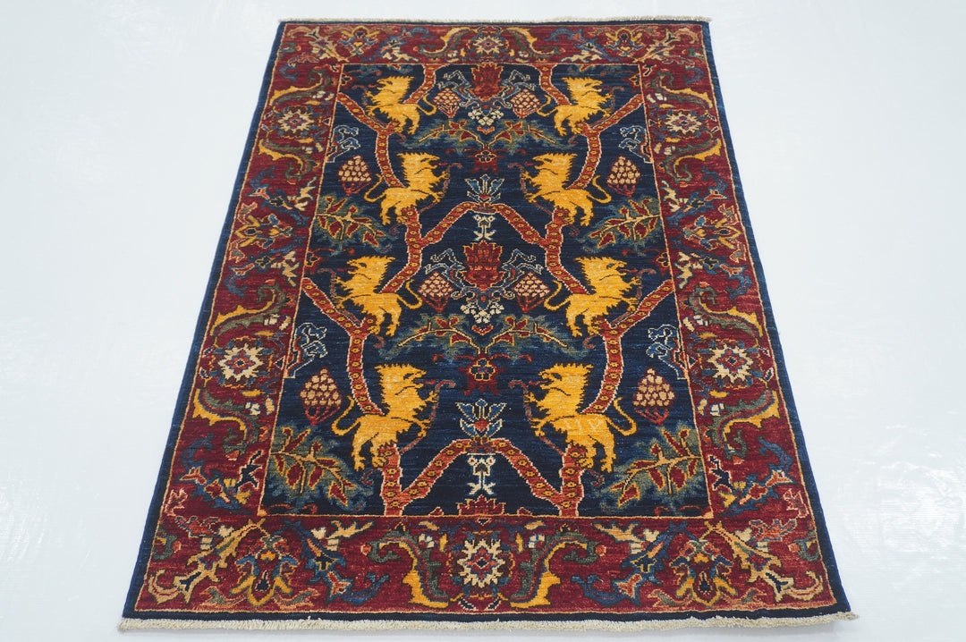 3'5x4'10 Tribal Lion Gabbeh Navy Blue Hand knotted 3x5 Rug