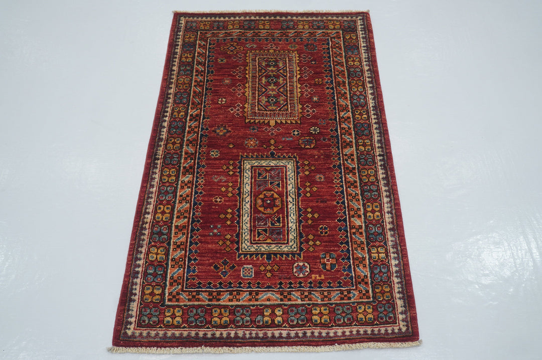 2'6x4'1 Red Tribal Afghan Hand knotted small Accent Rug