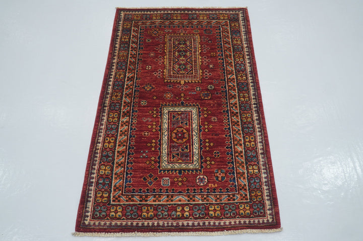 2'6x4'1 Red Tribal Afghan Hand knotted small Accent Rug