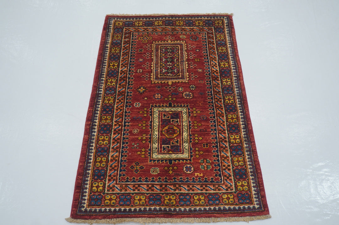 2'7x4'0 Red Tribal Afghan Hand knotted Accent Rug - Yildiz Rugs