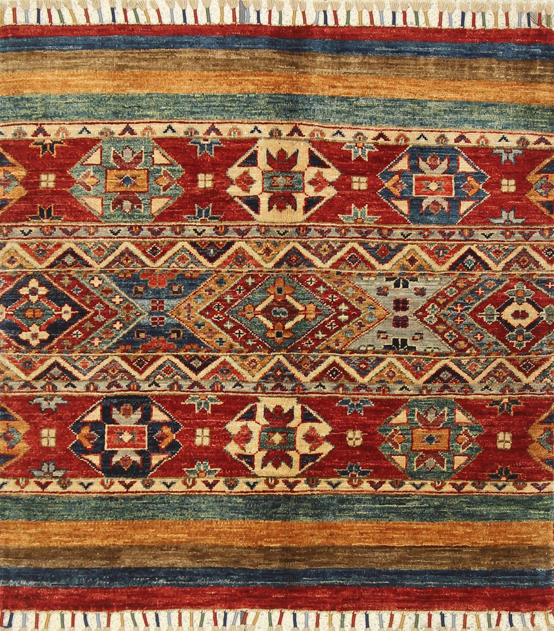 3x3 Tribal Square Red Afghan Hand knotted Rug - Yildiz Rugs