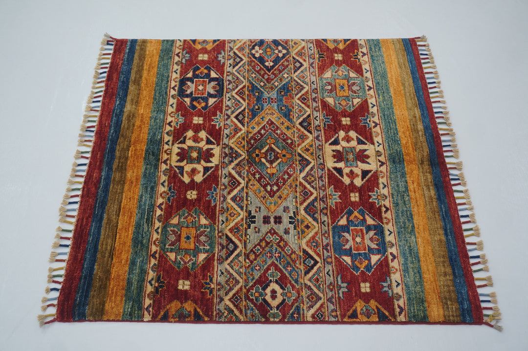 3x3 Tribal Square Red Afghan Hand knotted Rug - Yildiz Rugs