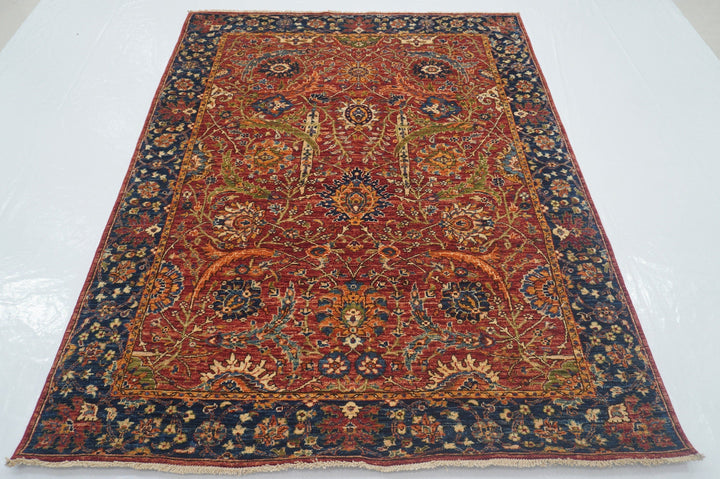 Red 5x7 Sickle Leaf Afghan Hand Knotted Oriental Rug - Yildiz Rugs