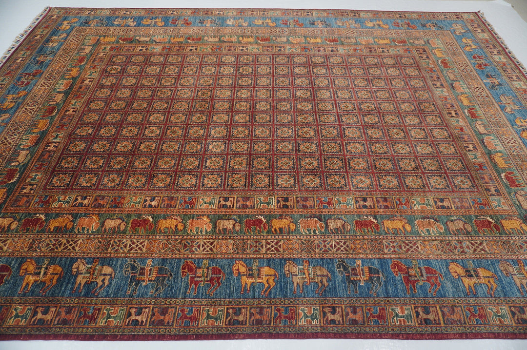 9x12 Tribal Pazyryk Red Blue Green Afghan Hand Knotted Rug - Yildiz Rugs