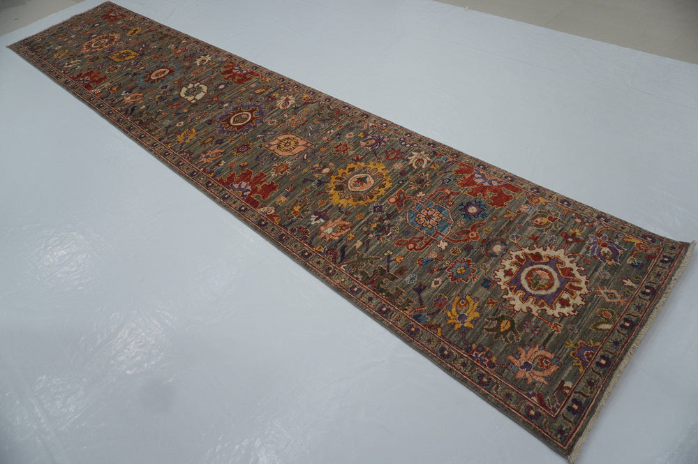 14 Ft Bijar Gray Afghan hand knotted Runner Rug - Yildiz Rugs