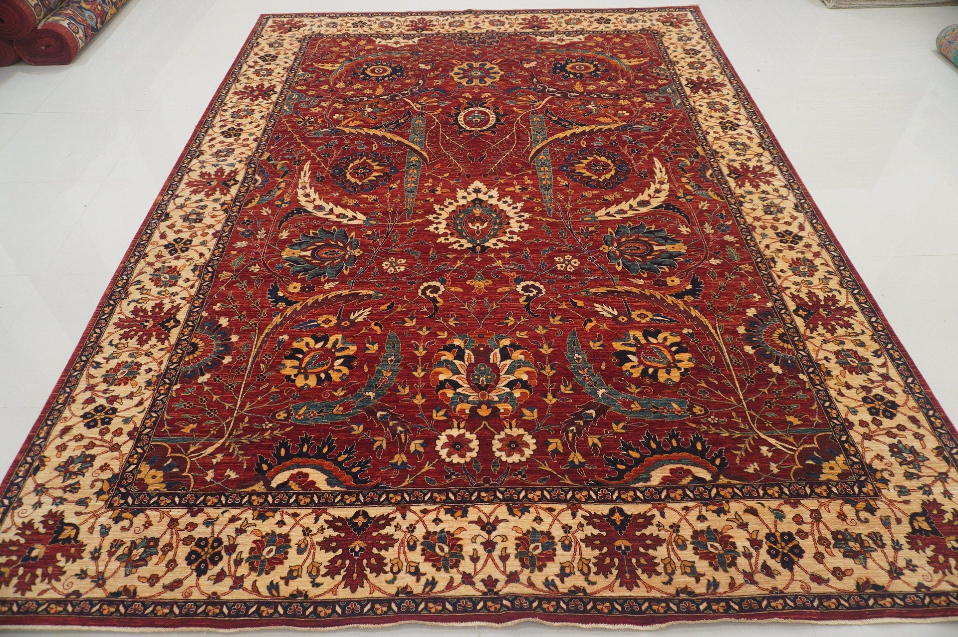 9x12 Red Sickle Leaf Afghan Hand knotted Rug - Yildiz Rugs