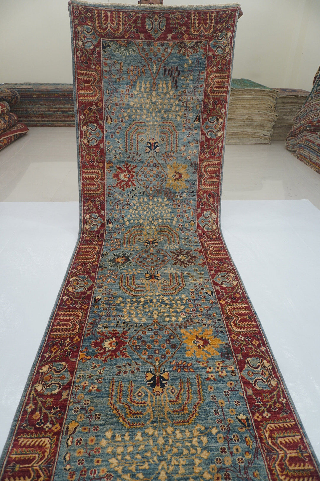 4'0 x 17'6 ft Bakhshaish Blue Tree Hand knotted Wide Long Runner Rug