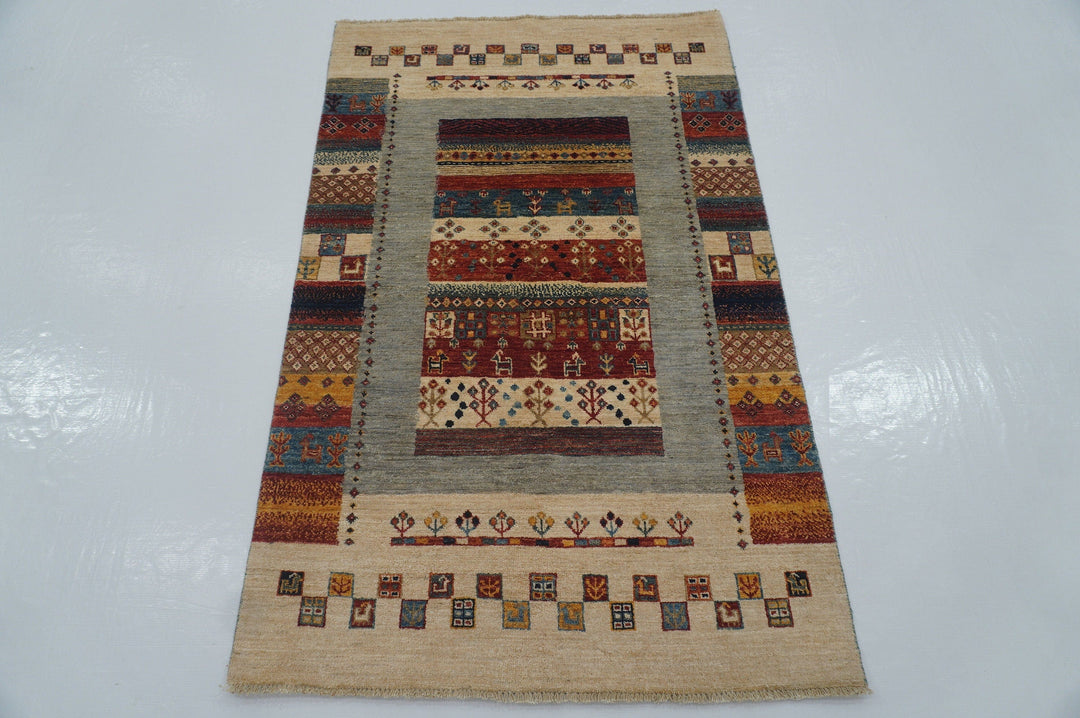 3x5 Tribal Gabbeh Beige Kashkuli Afghan Hand Knotted Wool Rug - Yildiz Rugs