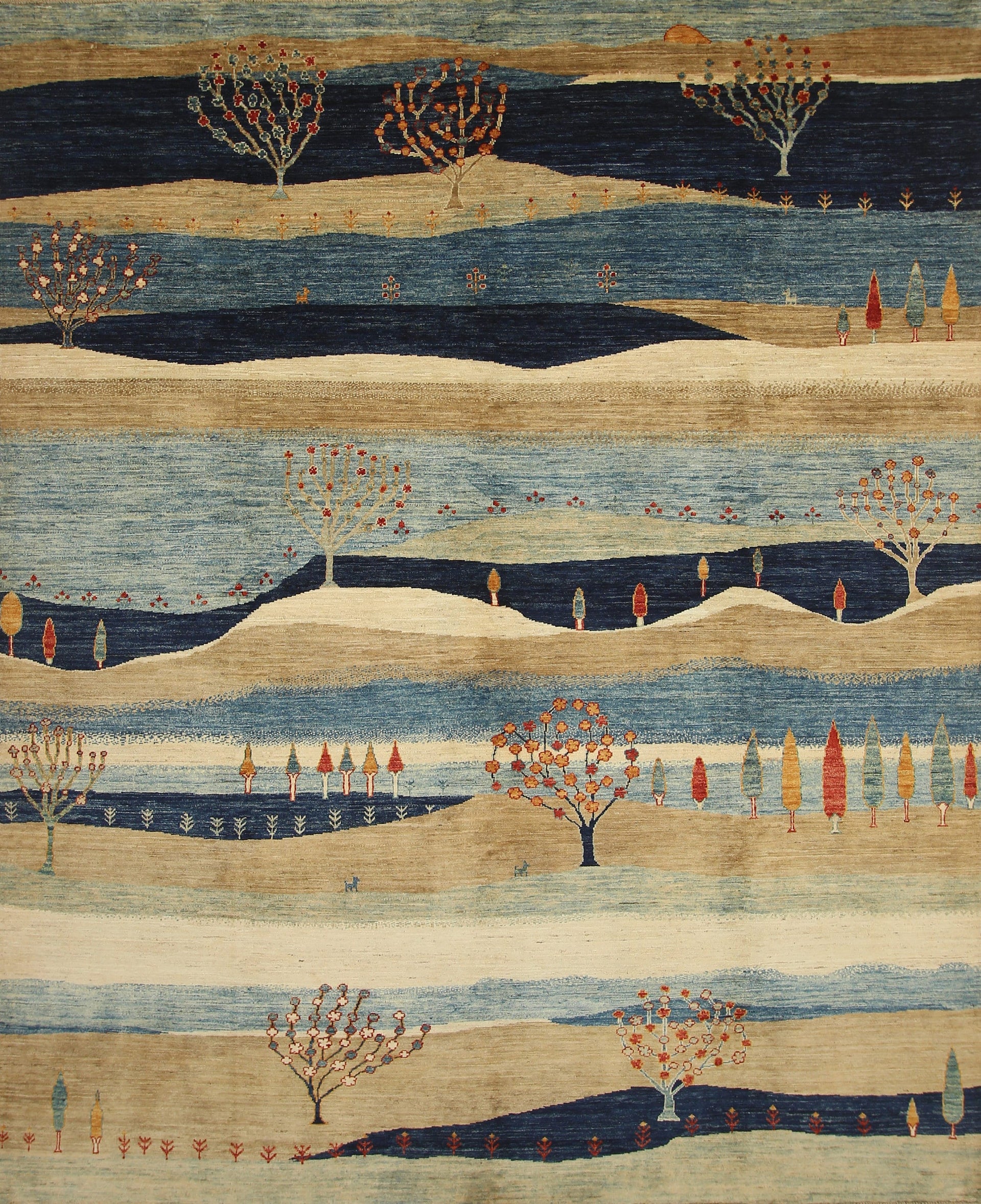 8x10 Gabbeh Navy Blue Beige Tribal Landscape Afghan Hand knotted Rug - Yildiz Rugs