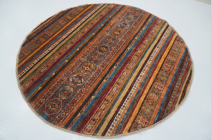 6x6 Round Tribal Red Multicolor Afghan Hand knotted Circle Rug