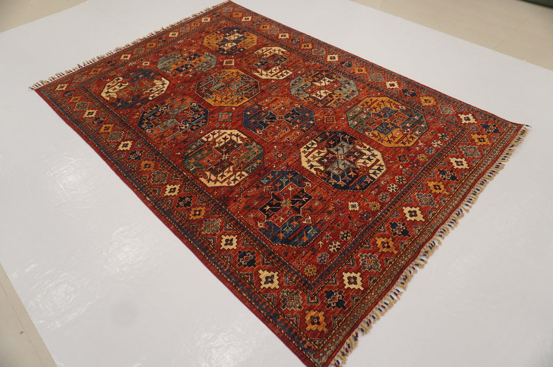 6'0 x 8'7 ft Red Ersari Turkmen Afghan hand knotted Tribal Nomadic Rug - Yildiz Rugs