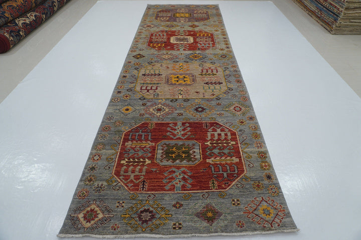 4x13 Gray Kazak Caucasian Afghan Hand knotted Wide Tribal Runner Rug - Yildiz Rugs