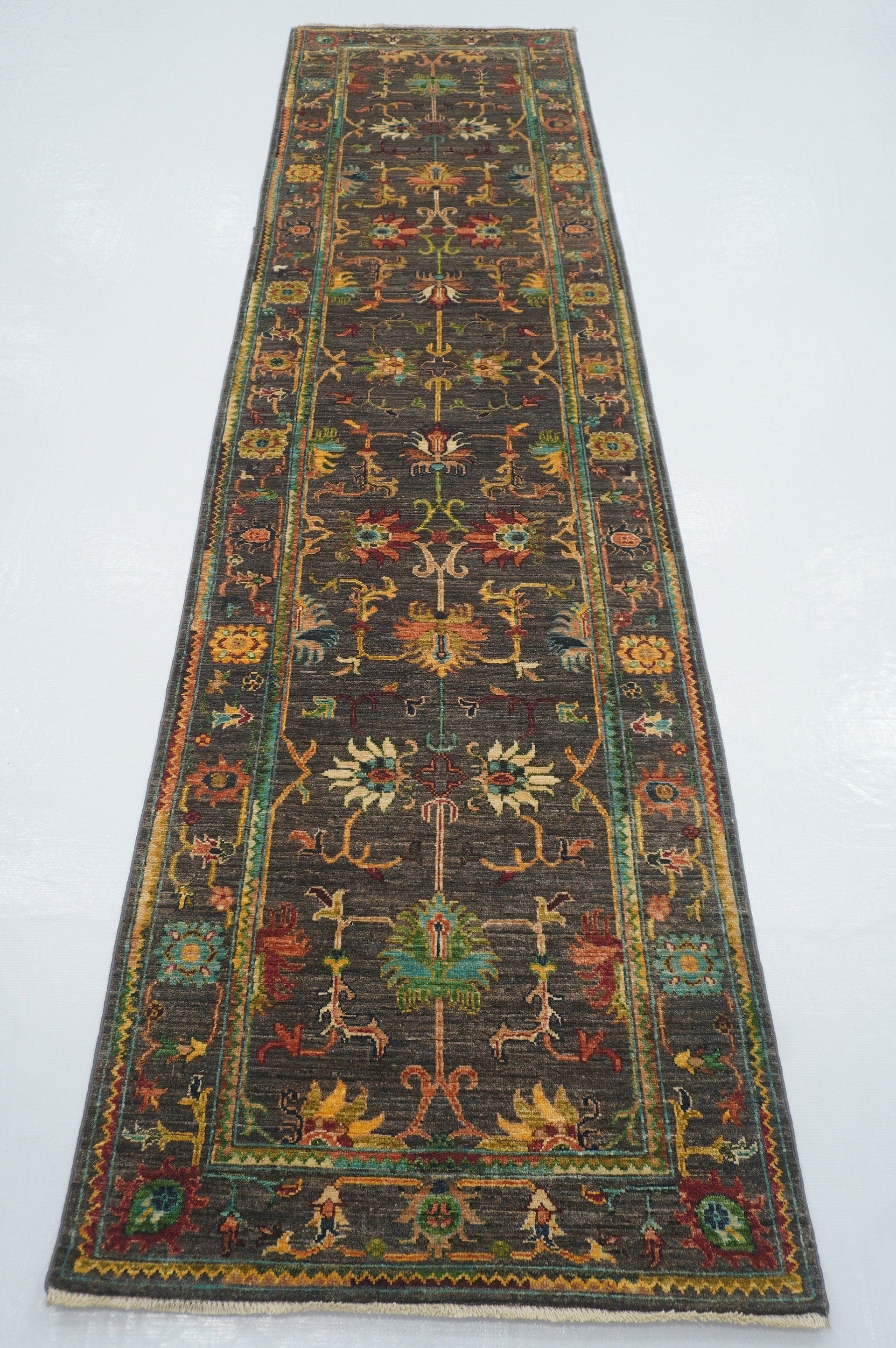 2'8 x 10'3 ft Gray Waziri Afghan Hand knotted Runner Rug - Yildiz Rugs