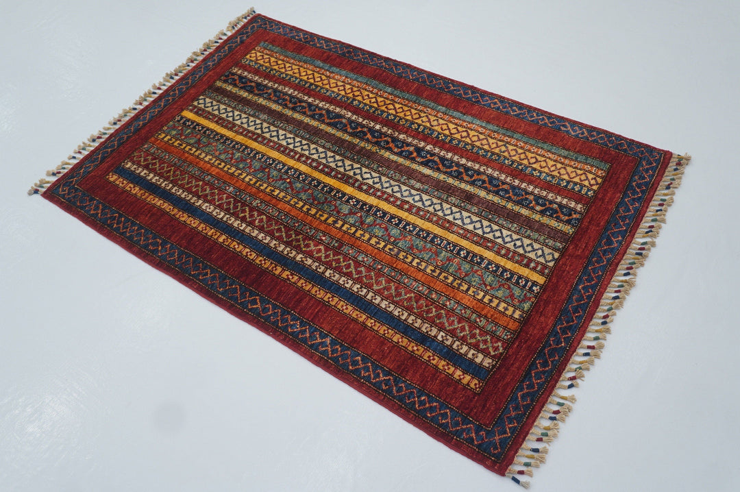 3x5 Turkish Red Shawl Pattern Hand Knotted Striped Rug