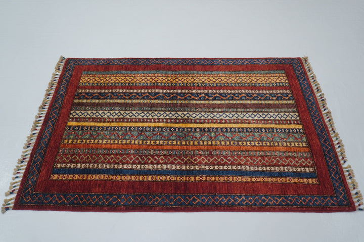 3x5 Turkish Red Shawl Pattern Hand Knotted Striped Rug