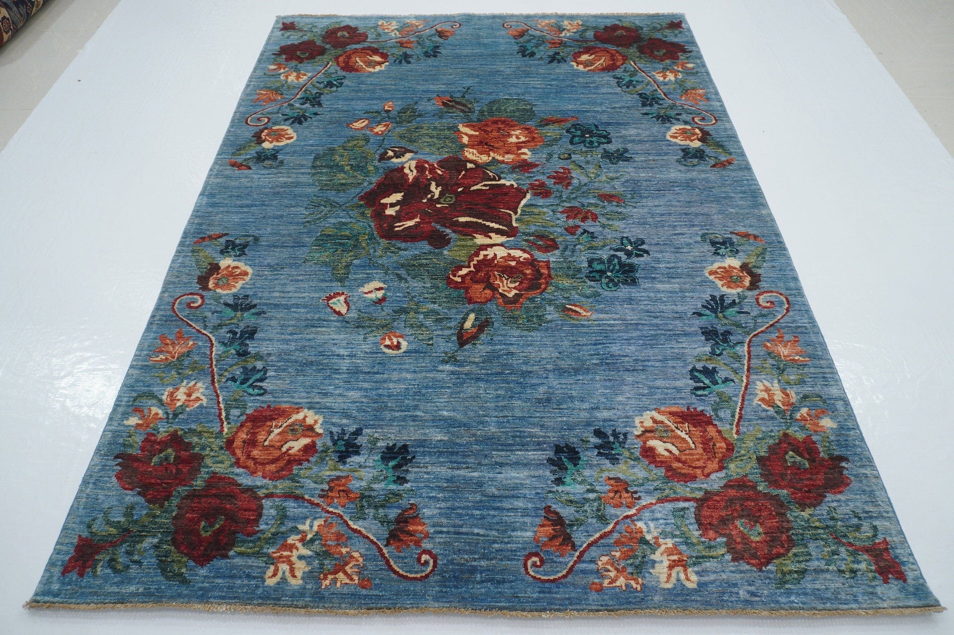 6x8 Floral Rose Pastel Blue Karabagh Afghan Hand Knotted Rug - Yildiz Rugs