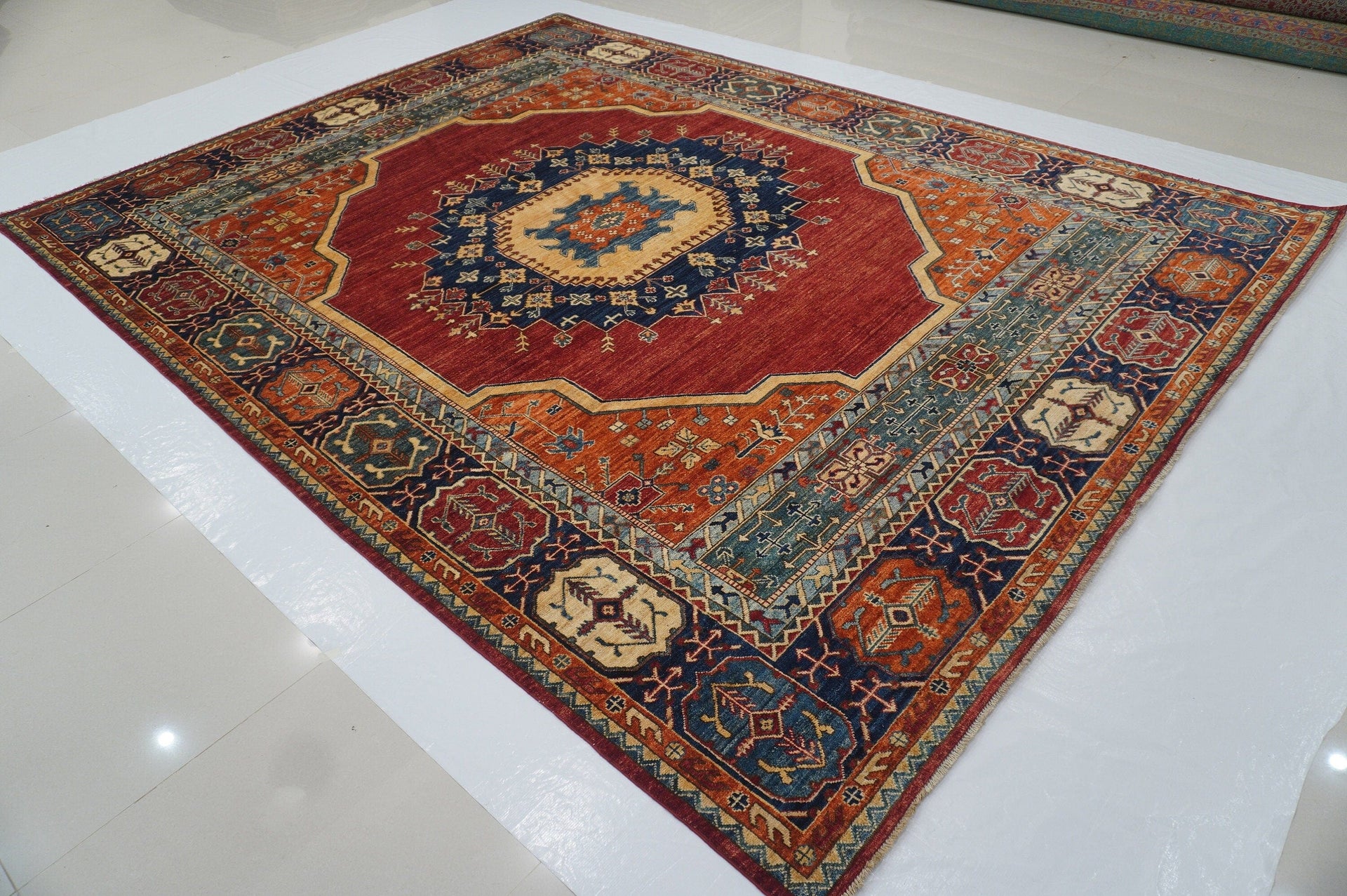 9x12 Red Orange Blue Heriz Persian Hand knotted Oriental Medallion Rug - Yildiz Rugs