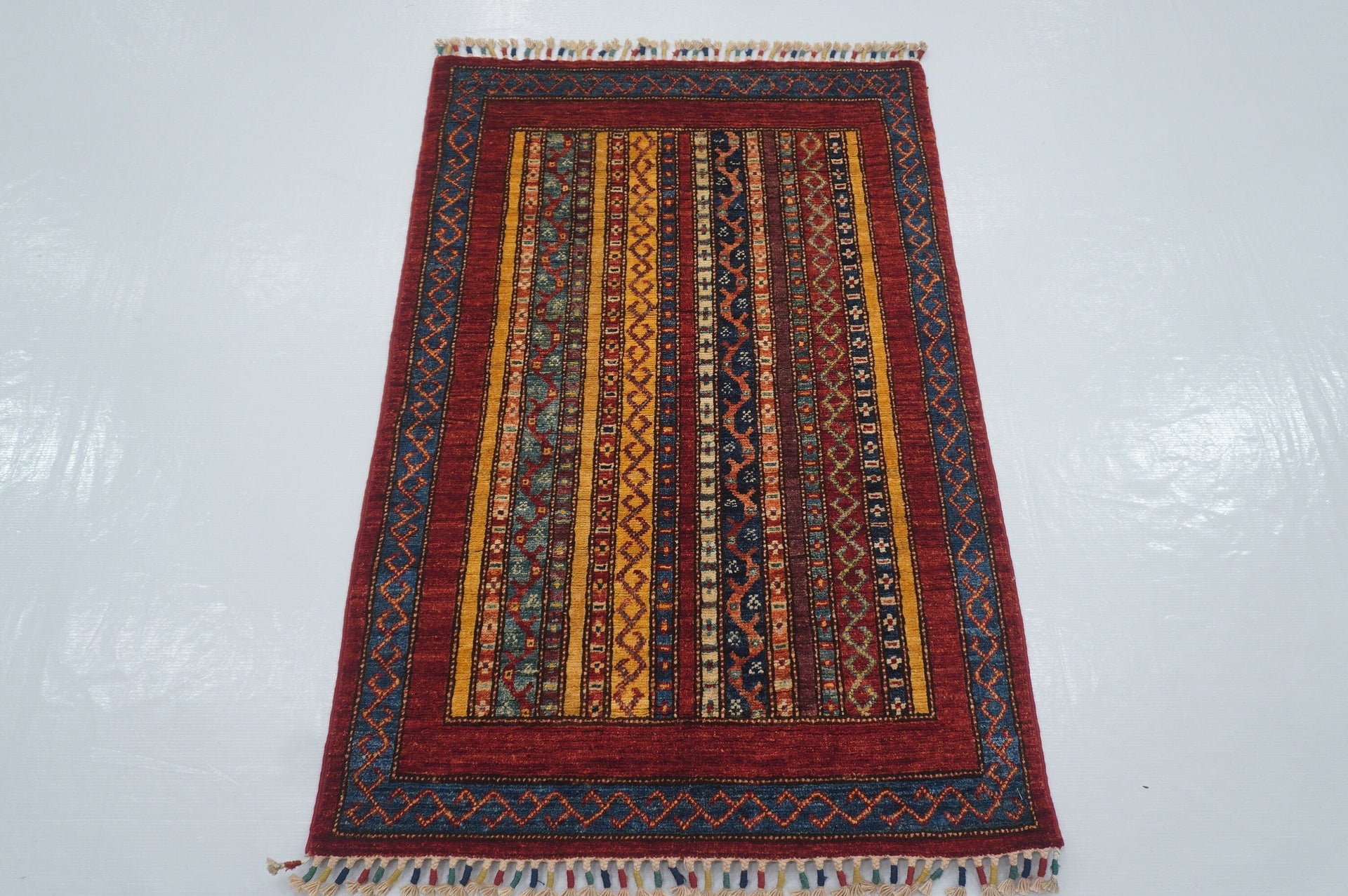 3x4 Red Turkish Tribal Striped Shawl Pattern Hand knotted Small Rug - Entryway rug - bedroom rug - kitchen rug - Yildiz Rugs