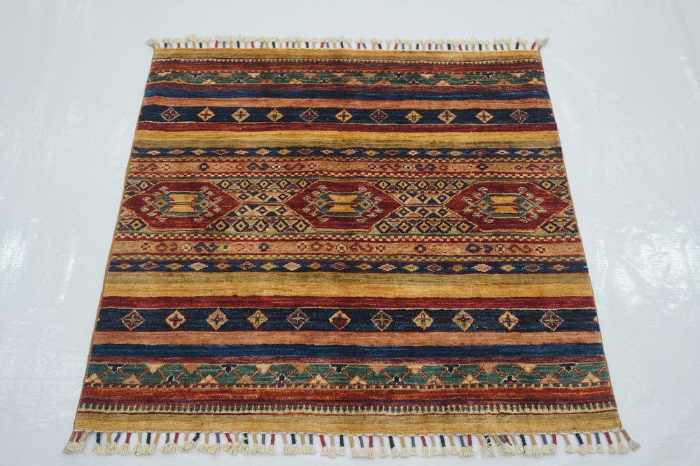 3x3 Tribal Square Multicolor Afghan Hand knotted Rug - Yildiz Rugs