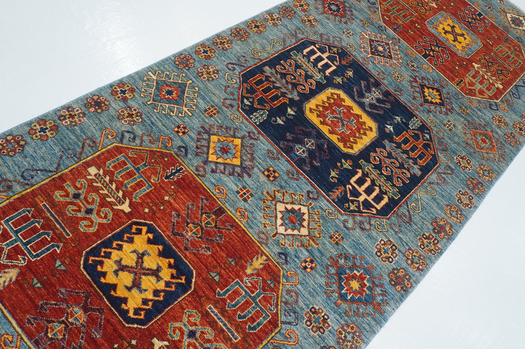 4x10 Blue Kazak Caucasian Afghan Hand knotted Wide Tribal Runner Rug