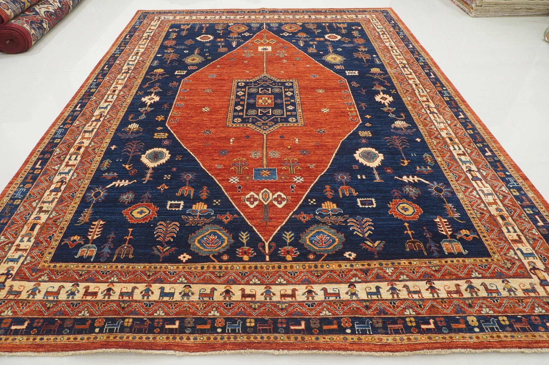 9x12 Tribal Gabbeh Red Navy Blue Qashqai Hand knotted Wool Oriental Rug - Yildiz Rugs