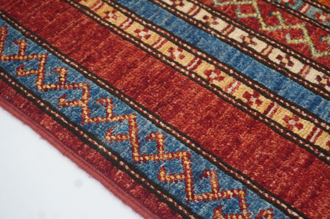 4x6 Boho Turkish Red Shawl Pattern Hand knotted Wool Striped Rug - Yildiz Rugs