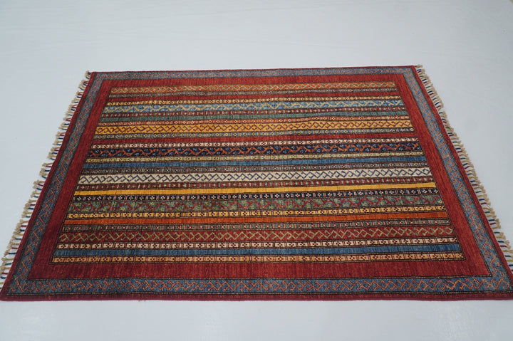 4x6 Boho Turkish Red Shawl Pattern Hand knotted Wool Striped Rug - Yildiz Rugs