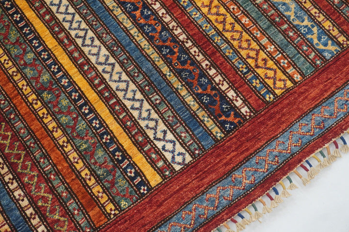 4x6 Boho Turkish Red Shawl Pattern Hand knotted Wool Striped Rug - Yildiz Rugs