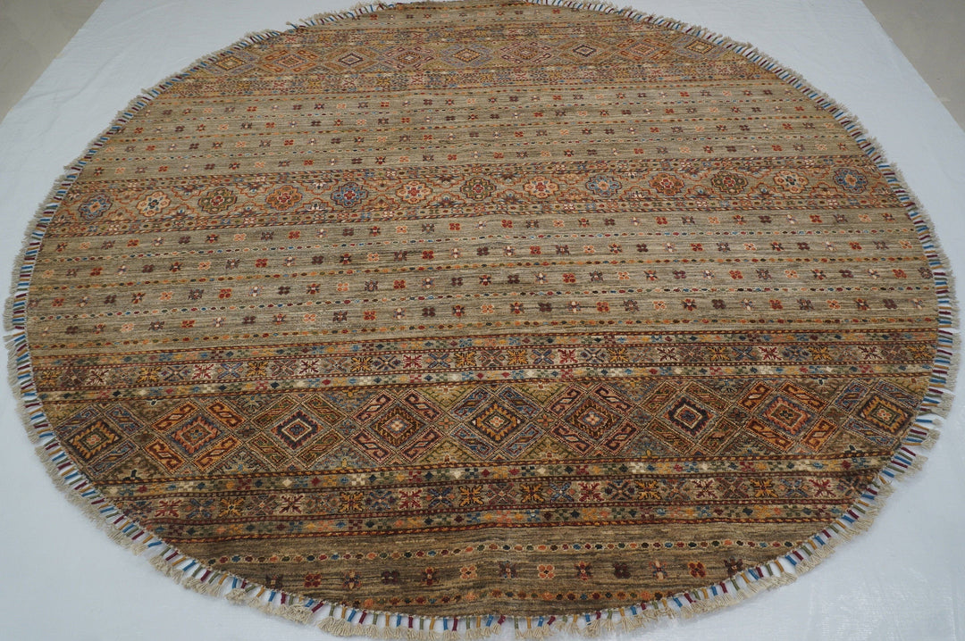 8x8 Afghan Undyed Gray Nomadic Gabbeh Hand knotted Wool Circle Rug - Yildiz Rugs