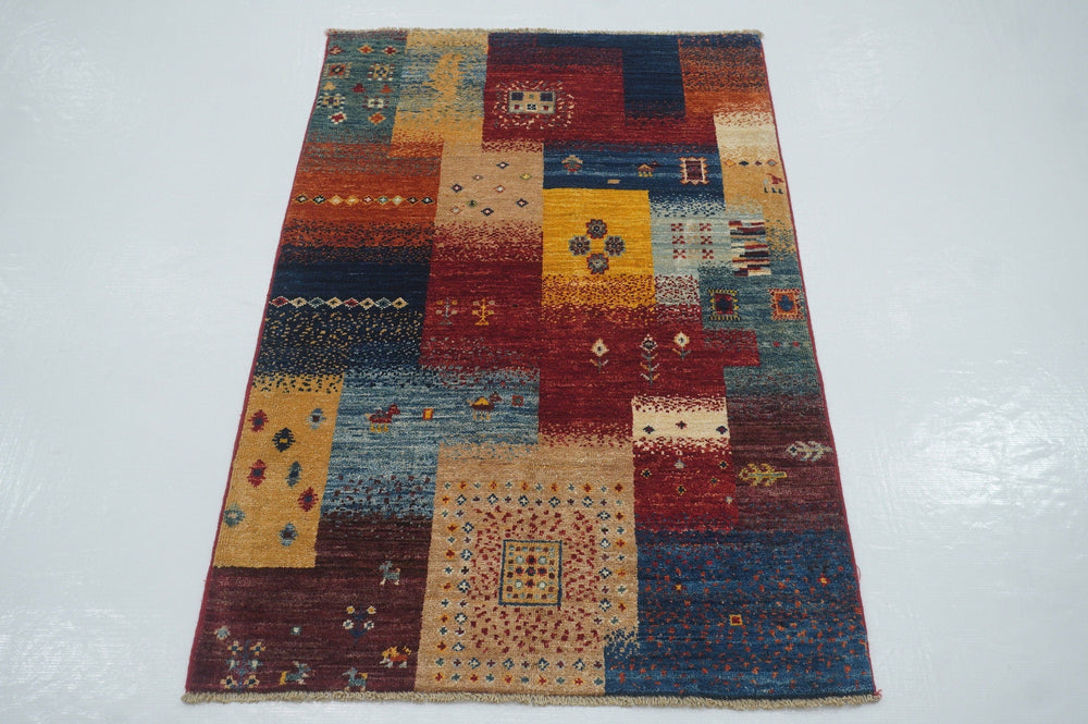 3x4 Tribal Gabbeh Red Multicolor Afghan Hand Knotted wool rug - Yildiz Rugs