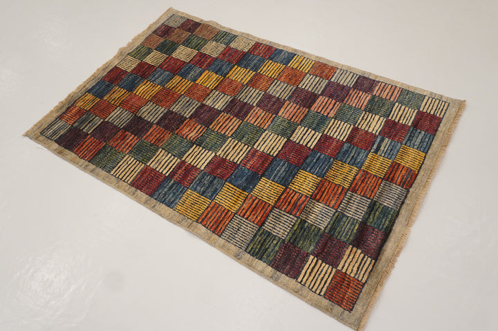 3x5 Checkered Multicolor Modern Box Afghan Hand knotted Rug