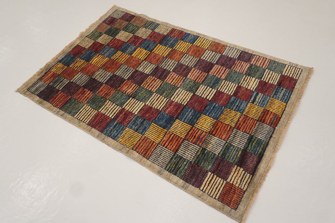 3x5 Checkered Multicolor Modern Box Afghan Hand knotted Rug - Yildiz Rugs