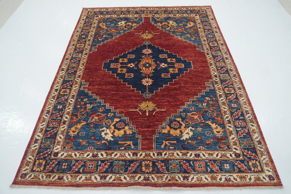 5x7 Serapi Red Blue Persian Style Hand Knotted wool Traditional Rug - Yildiz Rugs